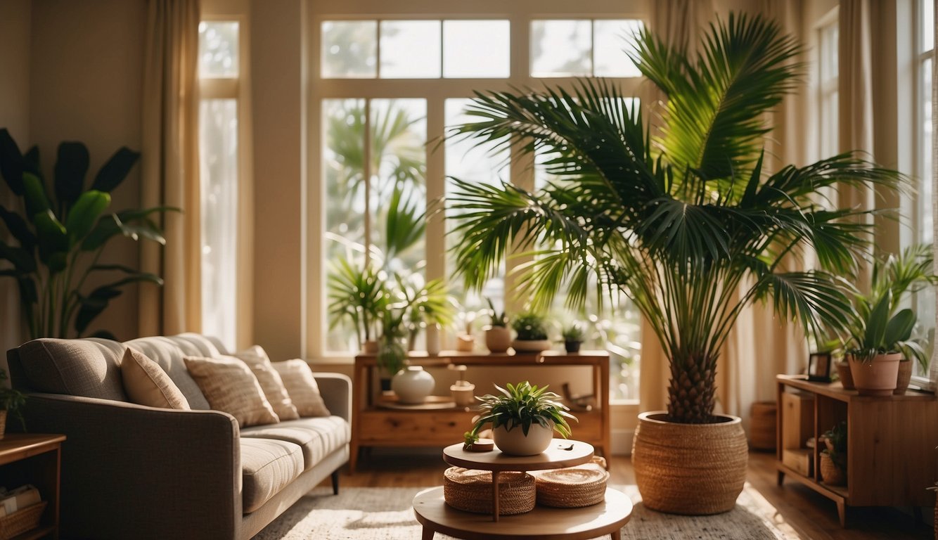 A lush, vibrant Elegant Lady Palm stands tall in a sunlit living room, surrounded by cozy furniture and soft lighting