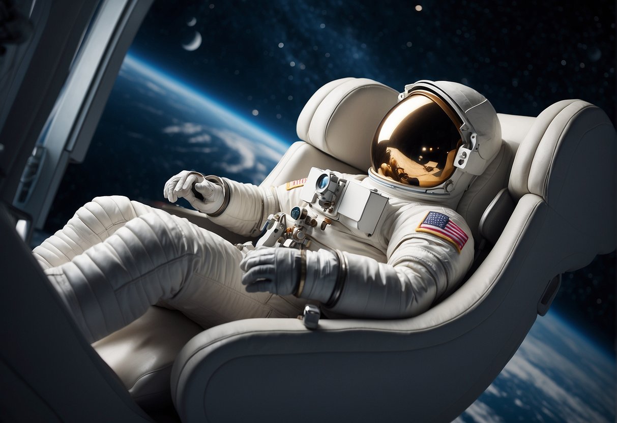 An astronaut floats effortlessly in a zero-gravity chair, feeling weightless and relaxed. The ergonomic design supports their body, promoting physical and mental well-being