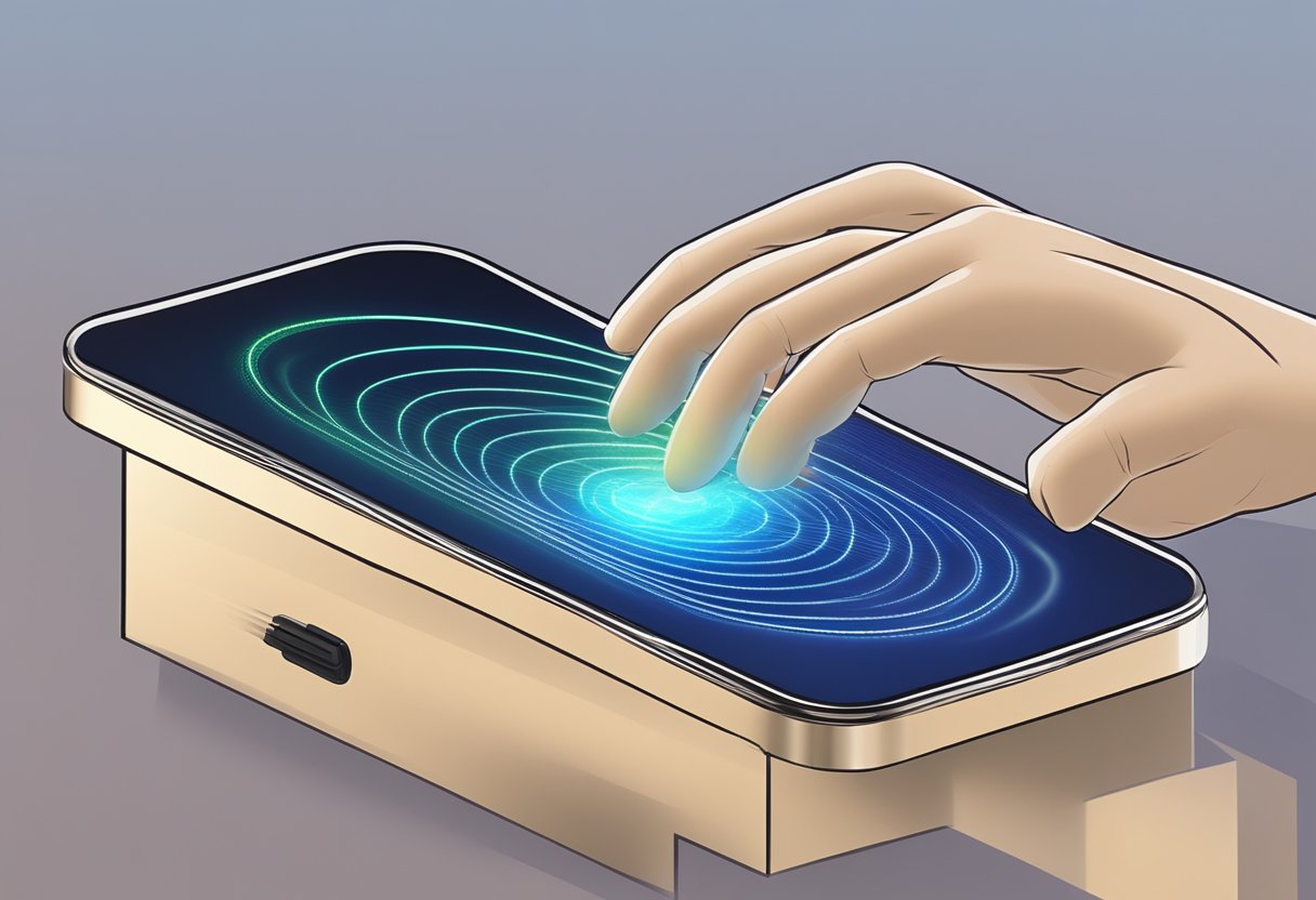 A touch screen capacitive sensor detecting a finger's touch, with electric fields interacting to register the input