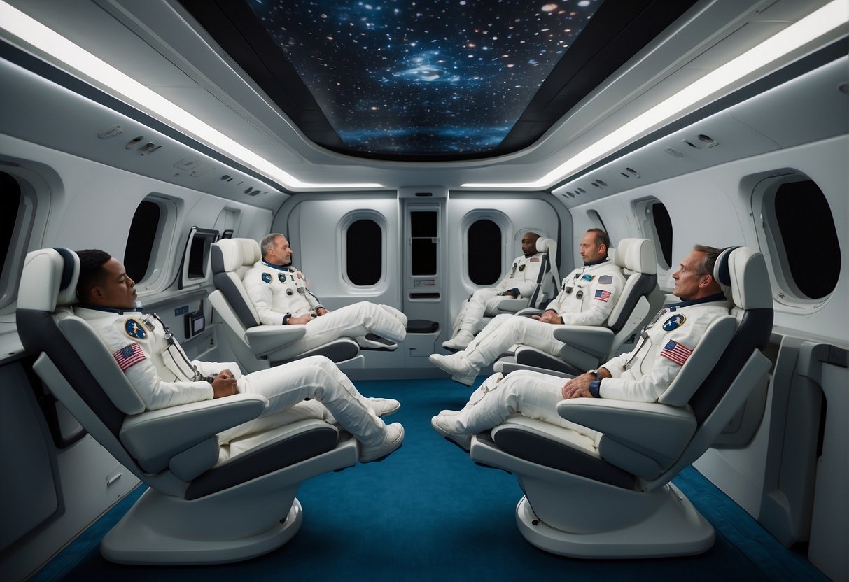 Astronauts float in zero-gravity chairs, secured by harnesses. The chairs are sleek, with adjustable headrests and footrests. Controls and storage compartments are within easy reach