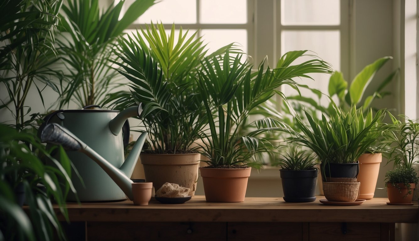 A well-lit room with a cozy corner filled with lush, vibrant Elegant Lady Palm plants.

A watering can and a small bag of fertilizer sit nearby, indicating the care and attention given to the plants