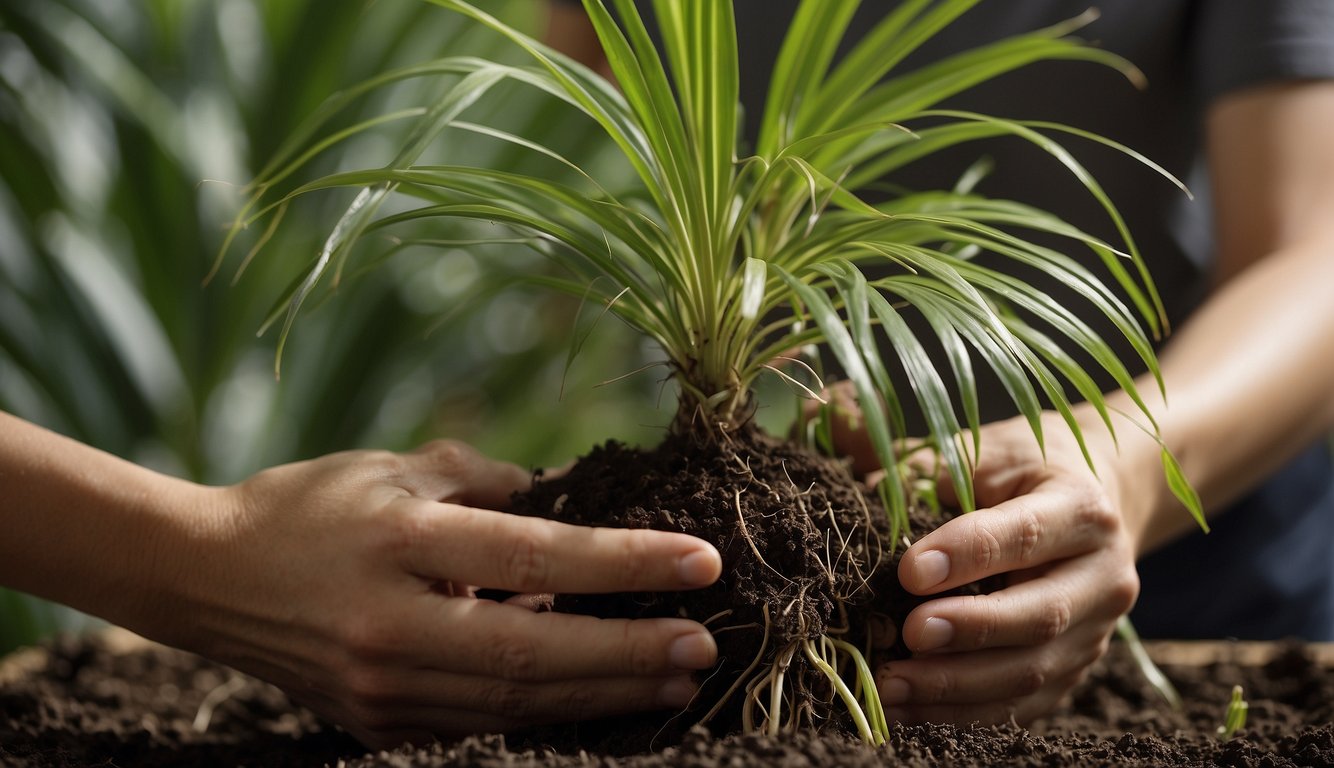 The elegant lady palm is being carefully removed from its pot and placed into fresh soil, with roots gently untangled.

New growth is visible on the plant, signaling successful propagation and repotting