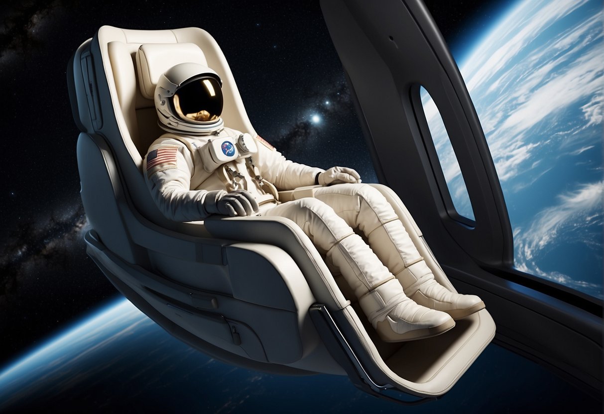 A zero-gravity chair floats in a spacecraft, designed for astronauts. The chair's sleek, ergonomic design and impact on weightlessness are highlighted in the illustration