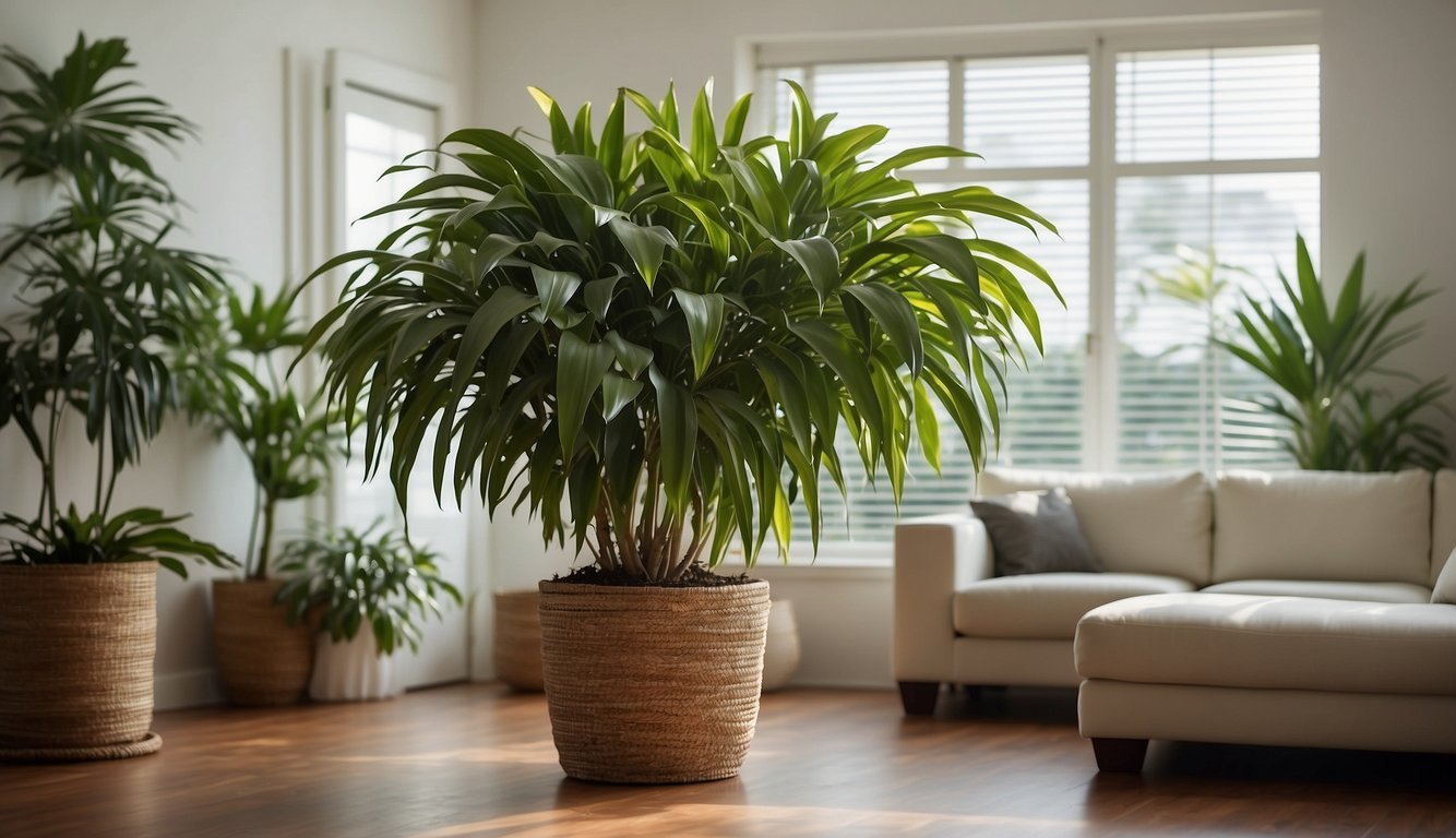 A lush, thriving Rhapis Excelsa plant sits in a bright, airy living room.

Its elegant, slender leaves cascade gracefully, creating a peaceful and inviting atmosphere
