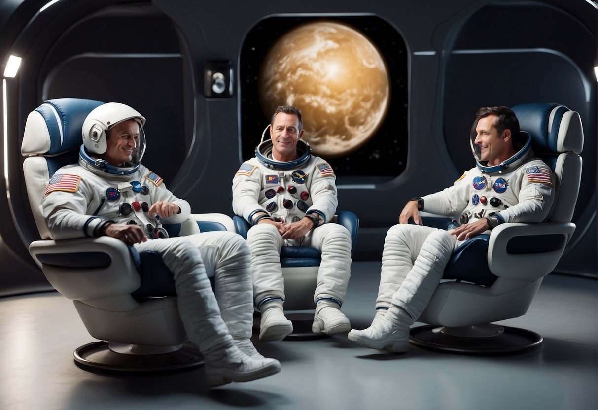 Astronauts sit in zero-gravity chairs, comparing them to conventional chairs. The design and impact of the chairs are highlighted in the scene