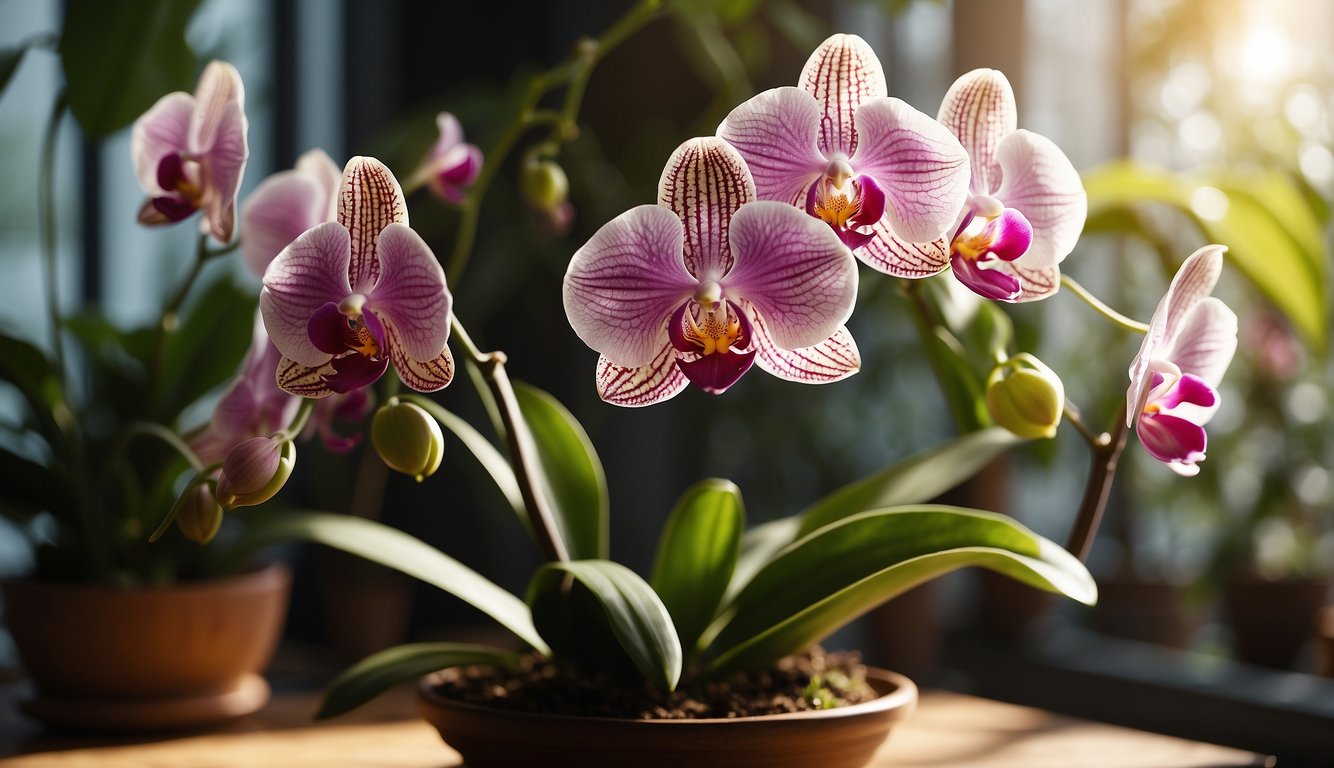 A vibrant Phalaenopsis orchid sits in a sunlit room, surrounded by lush green foliage.

Its delicate blooms and elegant leaves showcase the mastery of care and attention to detail