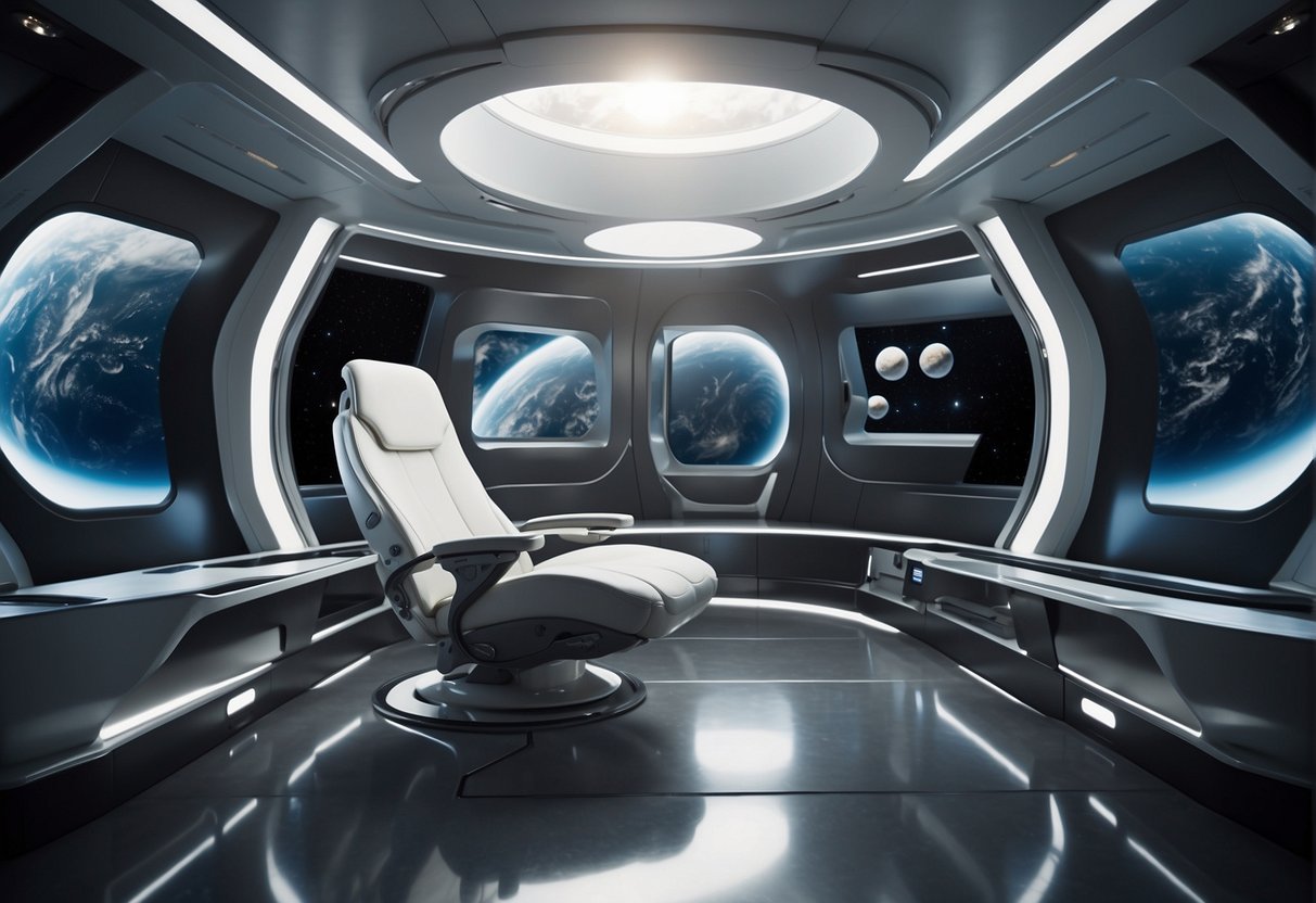 A zero-gravity chair floats in a sleek, futuristic spacecraft interior, surrounded by advanced technology and equipment. The chair's ergonomic design and impact on astronaut comfort and health are highlighted