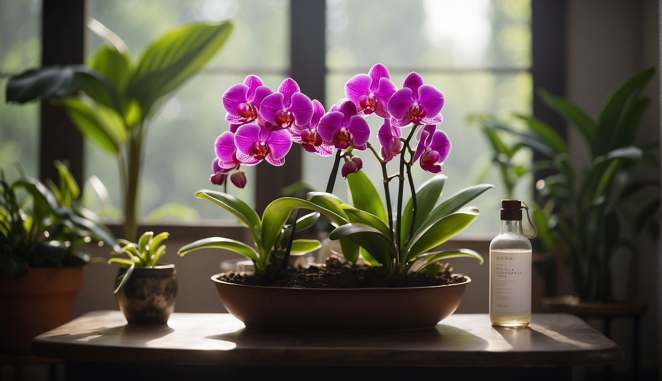 A vibrant Phalaenopsis orchid sits in a well-lit room, surrounded by a misting bottle, fertilizer, and a care guide book.

The plant is thriving with healthy green leaves and several stunning blooms
