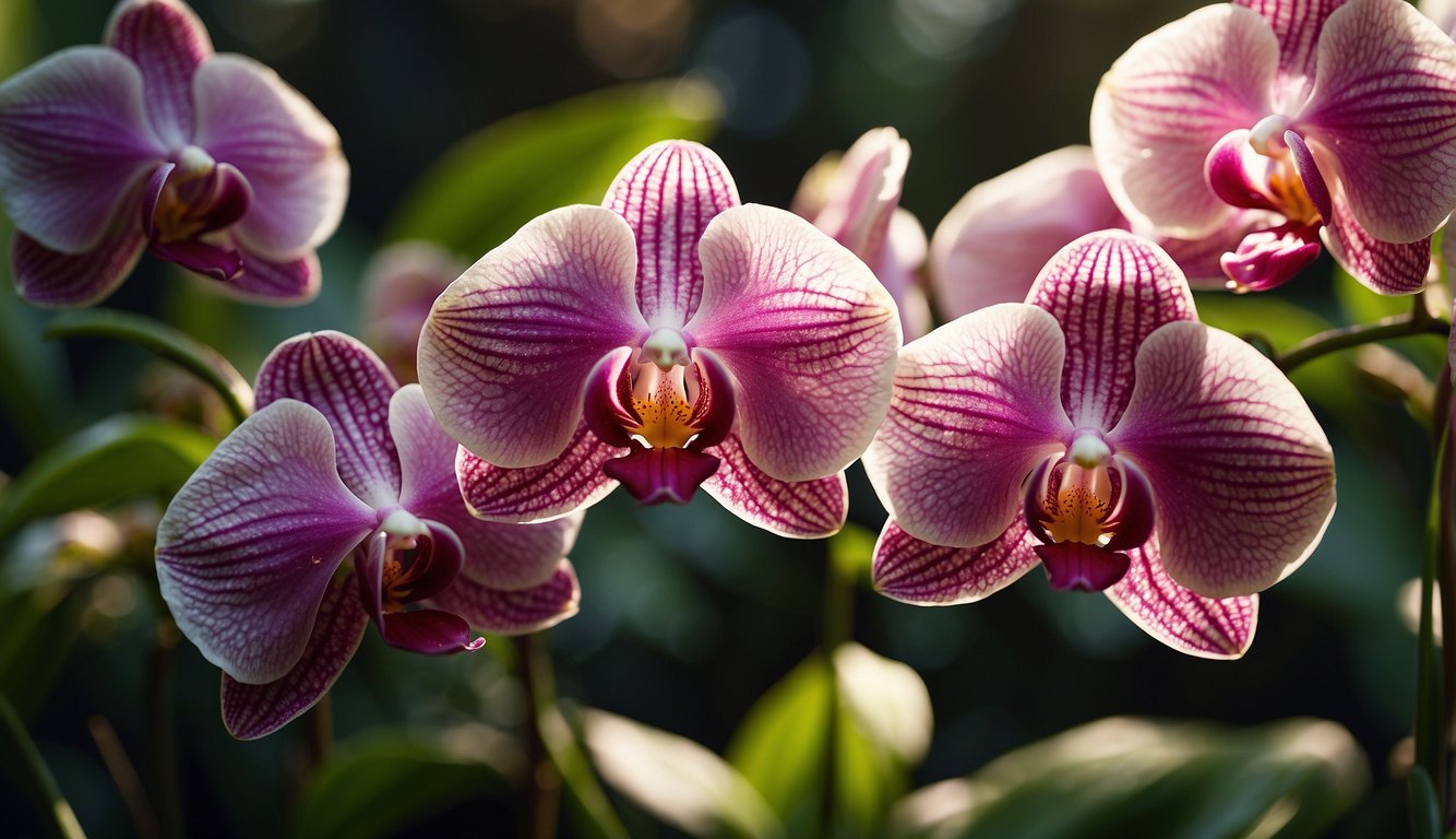 Vibrant moth orchids in full bloom, surrounded by lush green foliage.

Sunlight streaming in, casting a warm glow on the delicate petals