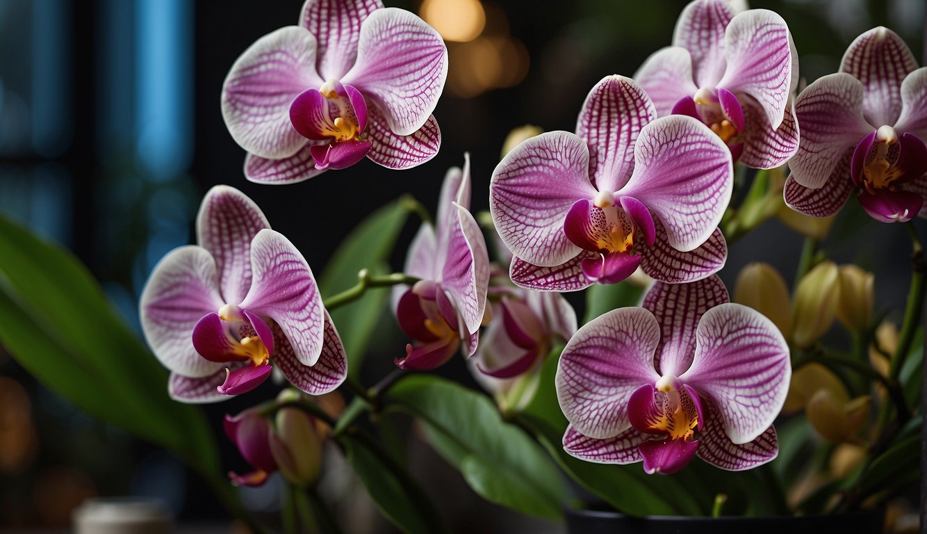 A vibrant Phalaenopsis orchid blooms in a well-lit space, surrounded by lush greenery.

The delicate petals and intricate patterns of the flower are the focal point, exuding a sense of elegance and beauty