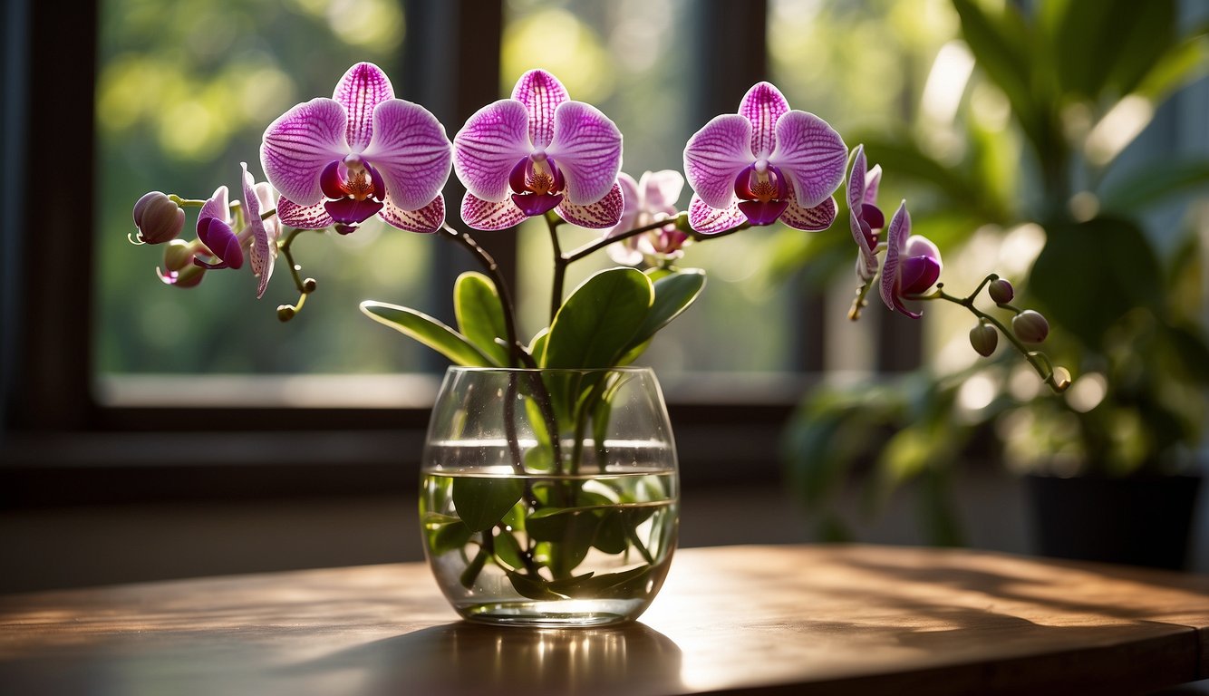 A vibrant Phalaenopsis orchid sits on a polished wooden table, surrounded by lush green foliage.

Soft sunlight filters through a nearby window, casting a warm glow on the delicate petals