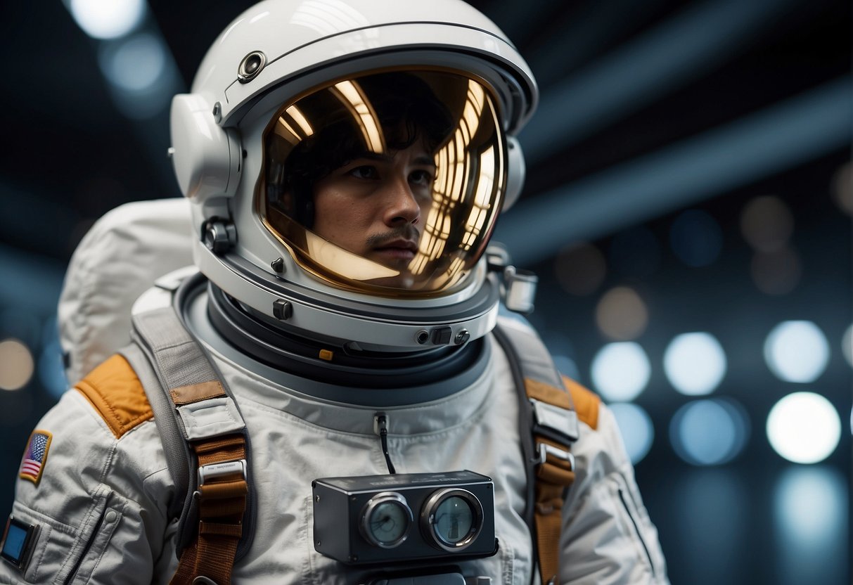 Wearable Tech for Space - Astronaut suit with integrated tech: helmet with heads-up display, smart gloves, and body sensors for space exploration