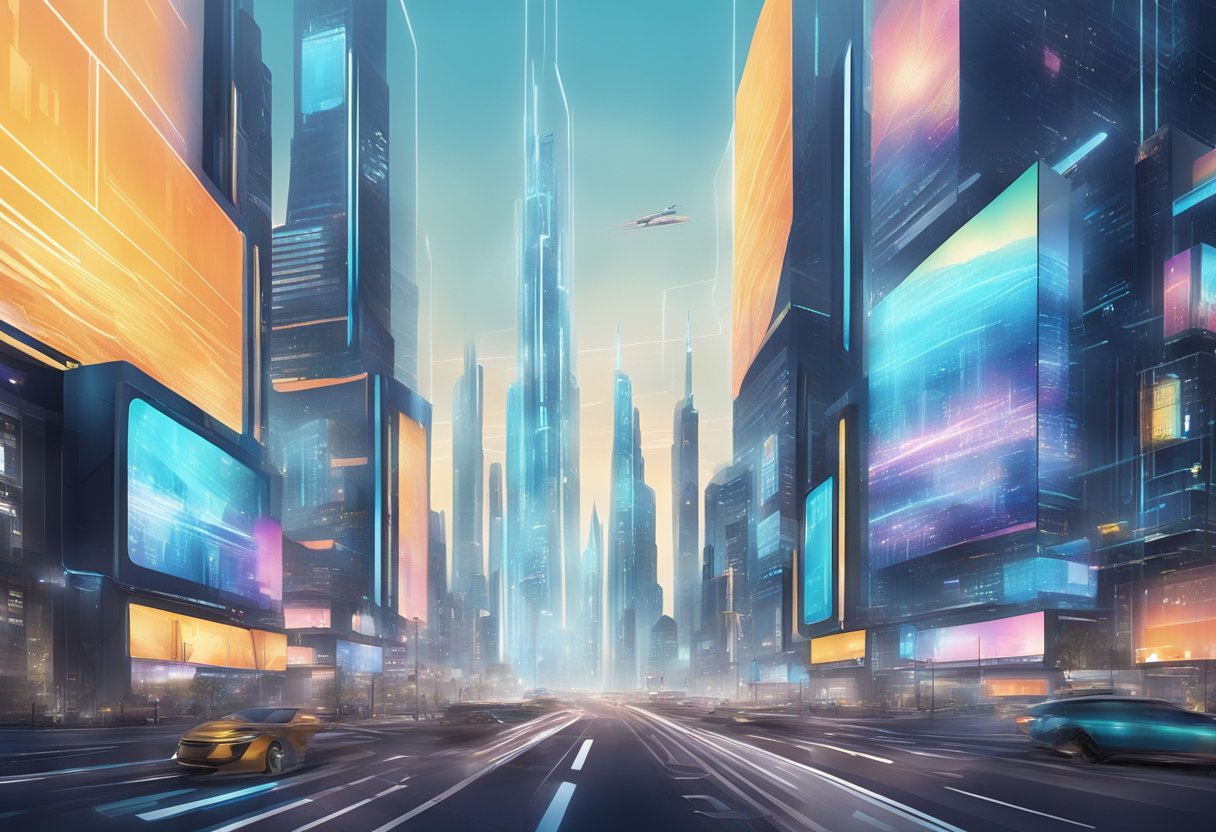 A futuristic cityscape with holographic billboards and advanced digital interfaces showcasing cutting-edge marketing techniques