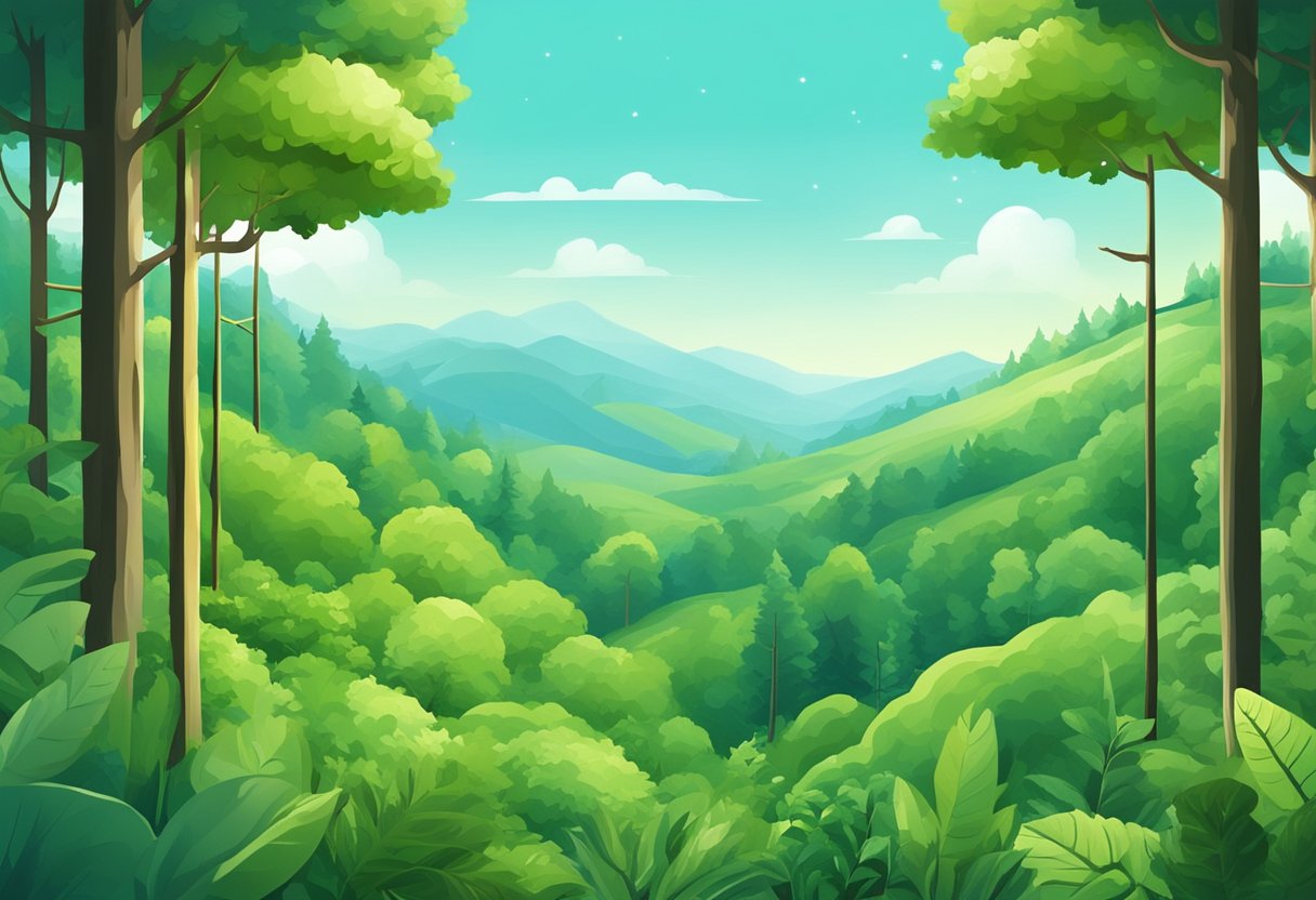 A lush green forest with a clear blue sky, featuring eco-friendly products and digital marketing elements