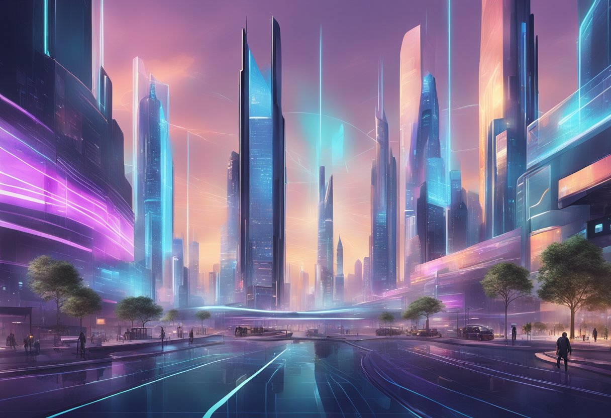 A futuristic cityscape with holographic billboards and interactive screens, showcasing advanced technology and connectivity