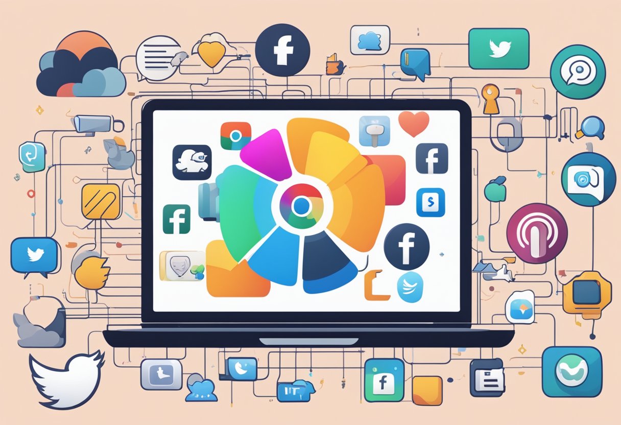 A laptop surrounded by various social media icons and symbols, with a stream of user-generated content flowing onto the screen