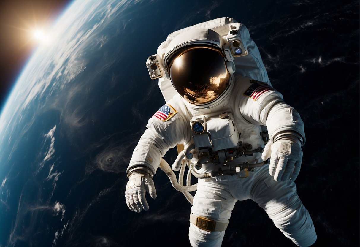 Astronaut gear with spatial orientation wearable tech floats in zero gravity, surrounded by the vast expanse of space and distant stars