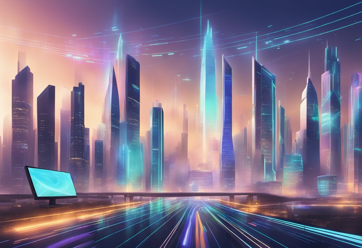 A futuristic city skyline with holographic advertisements and data streams, showcasing digital marketing trends for 2024