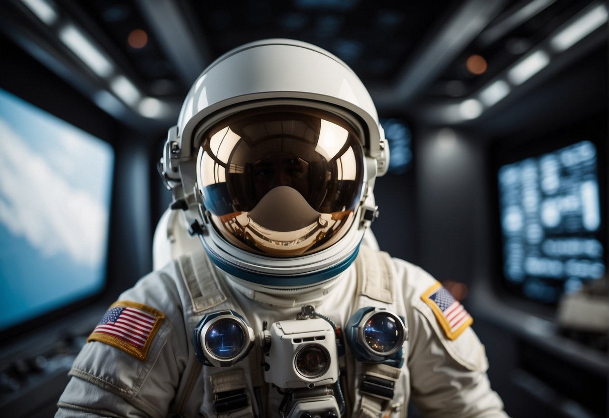 Astronaut in space, using wearable tech to communicate and enhance cognitive function. Tech includes head-mounted display and wrist-worn devices