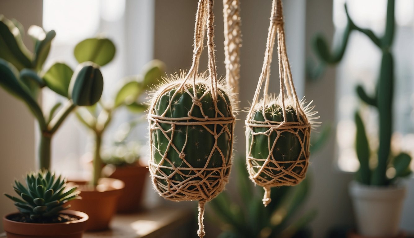 A Fishbone Cactus hangs from a macrame hanger in a sunlit room, surrounded by modern decor and houseplants