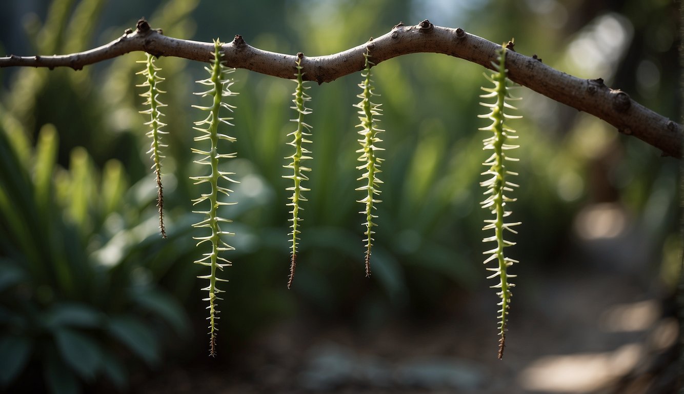 A fishbone cactus dangles from a tree, its long, flat, wavy stems cascading down in a graceful, elegant manner.

The plant is surrounded by lush green foliage, creating a serene and natural setting