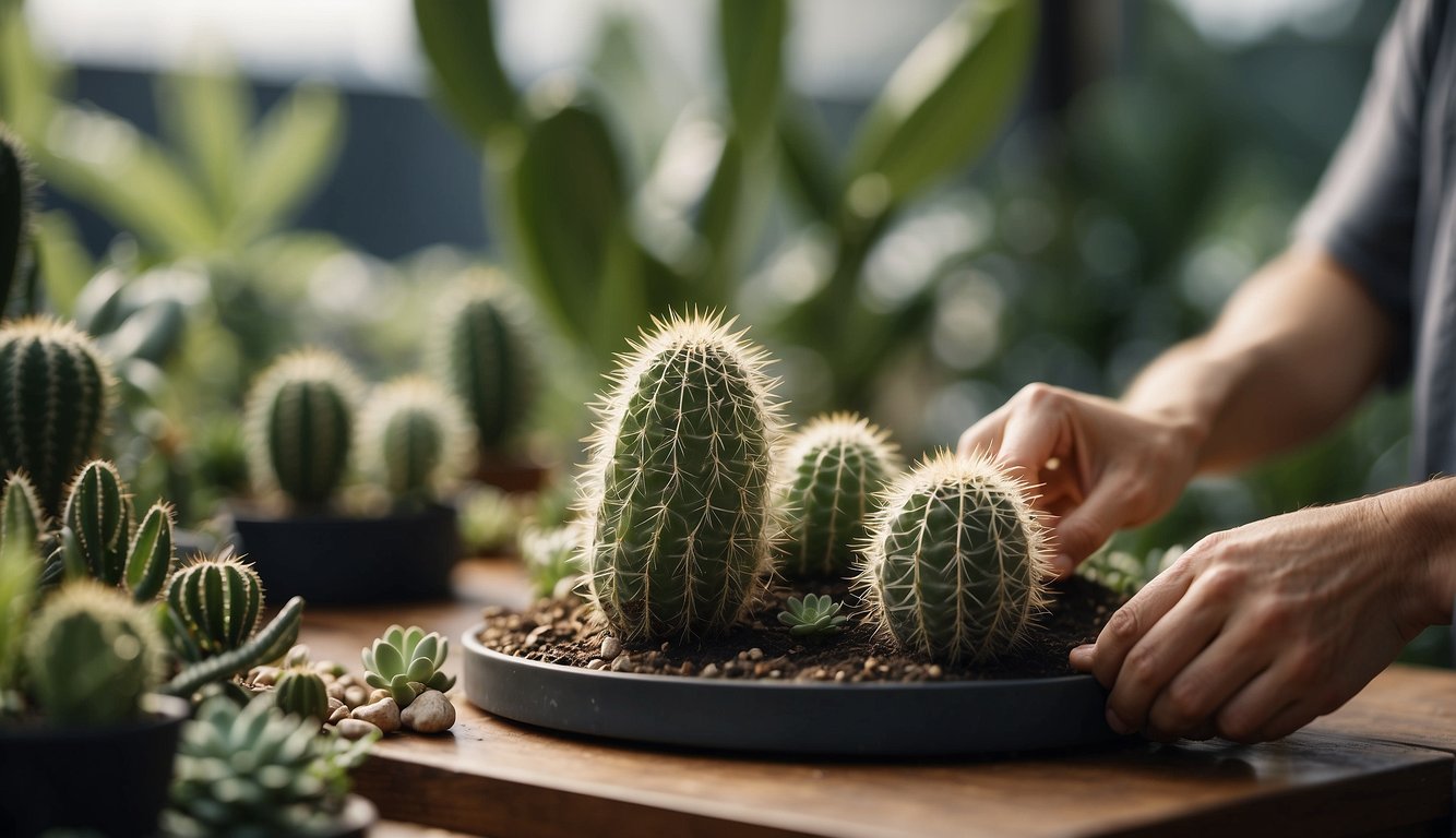 A modern gardener carefully tending to a Fishbone Cactus, surrounded by lush greenery and natural light
