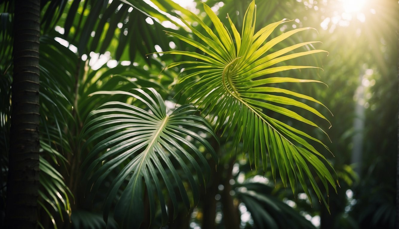 A lush, tropical setting with dappled sunlight filtering through the dense foliage.

A Licuala Grandis palm stands tall and regal, its vibrant green leaves unfurling in perfect symmetry