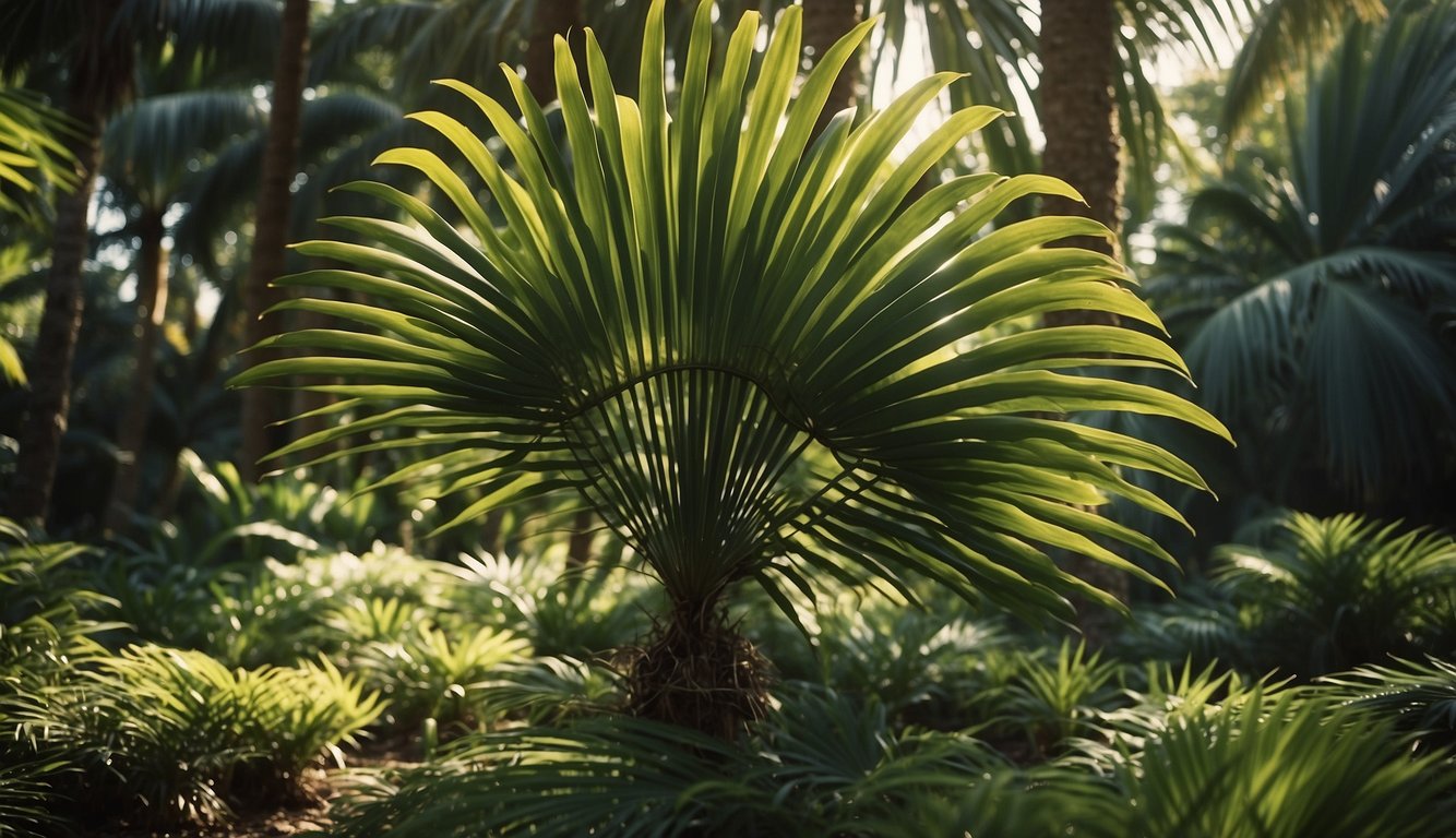 A lush Licuala palm stands tall in dappled sunlight, surrounded by rich, moist soil.

Its vibrant, fan-shaped leaves cascade gracefully, creating a striking and majestic presence