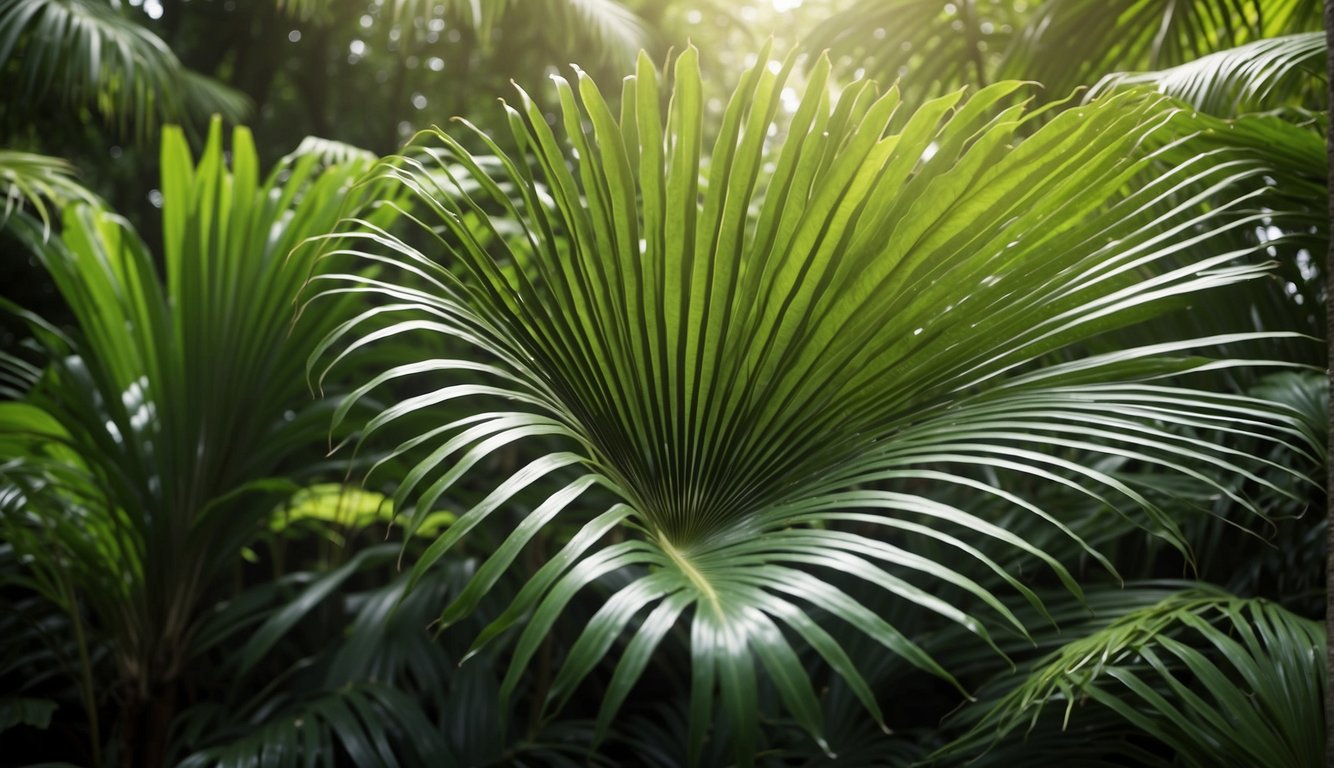 A lush tropical garden with dappled sunlight showcases a majestic Licuala Palm.

Its large, fan-shaped leaves cascade gracefully, while vibrant green fronds create a stunning focal point