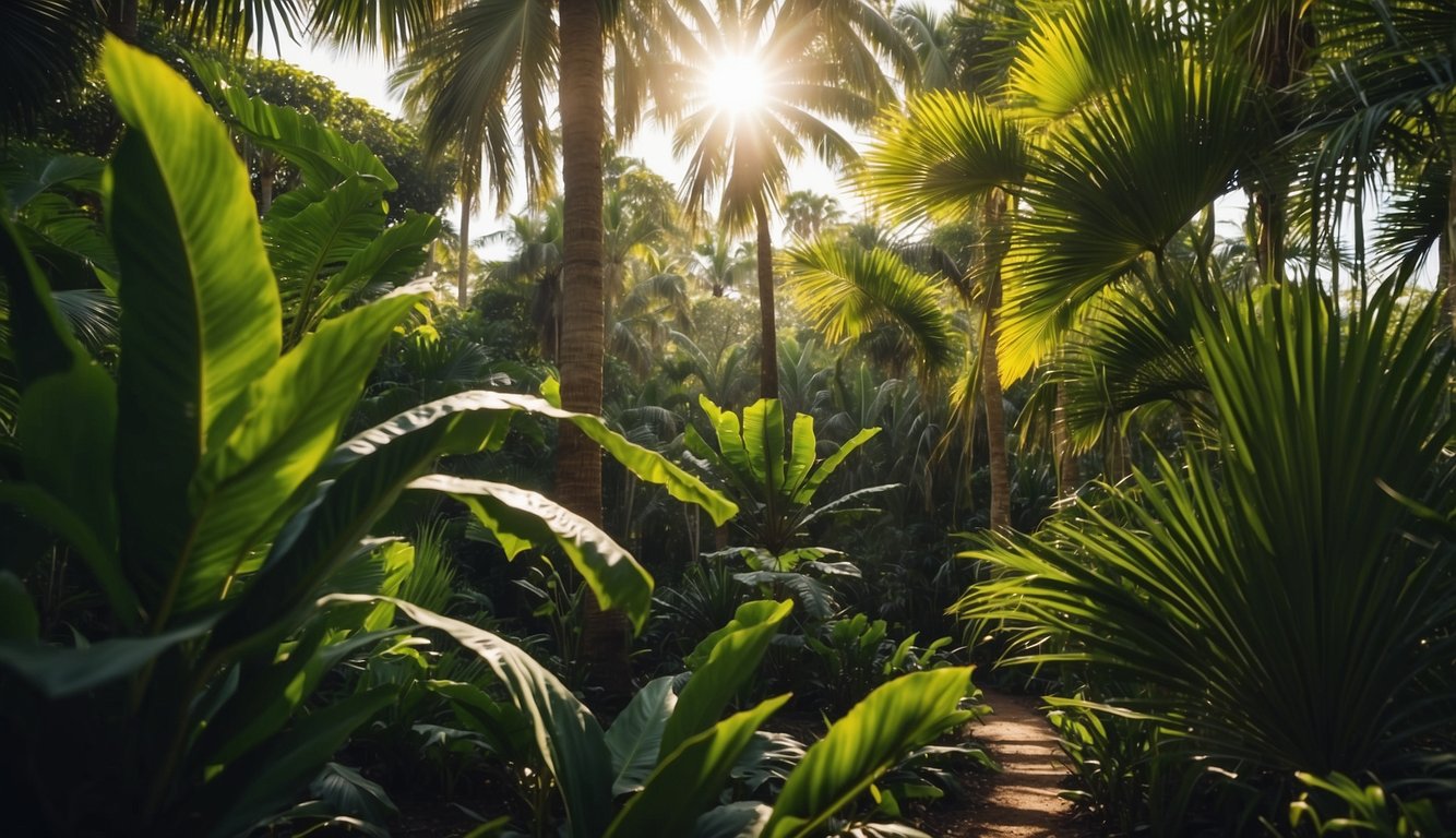 A lush, tropical setting with a Licuala Grandis palm as the focal point, surrounded by vibrant foliage and dappled sunlight filtering through the canopy