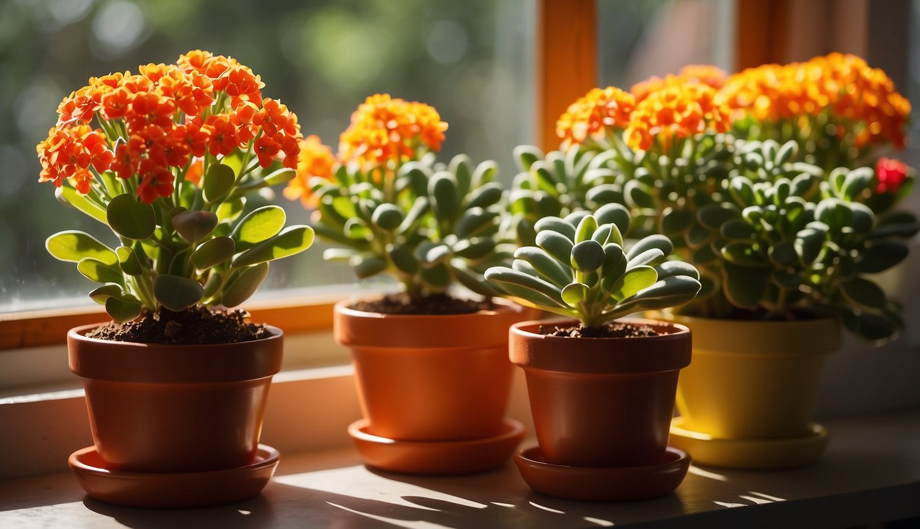 A vibrant Kalanchoe Blossfeldiana plant sits on a sunny windowsill, surrounded by colorful pots and gardening tools.

Sunlight streams through the window, illuminating the plant's bright red, orange, and yellow flowers