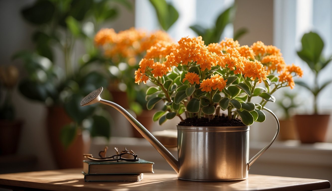 A flaming kalanchoe plant with wilting leaves sits in a bright room.

A watering can and pruning shears are nearby. A book titled "Flaming Katy: A Beginner's Guide to Kalanchoe Blossfeldiana" is open