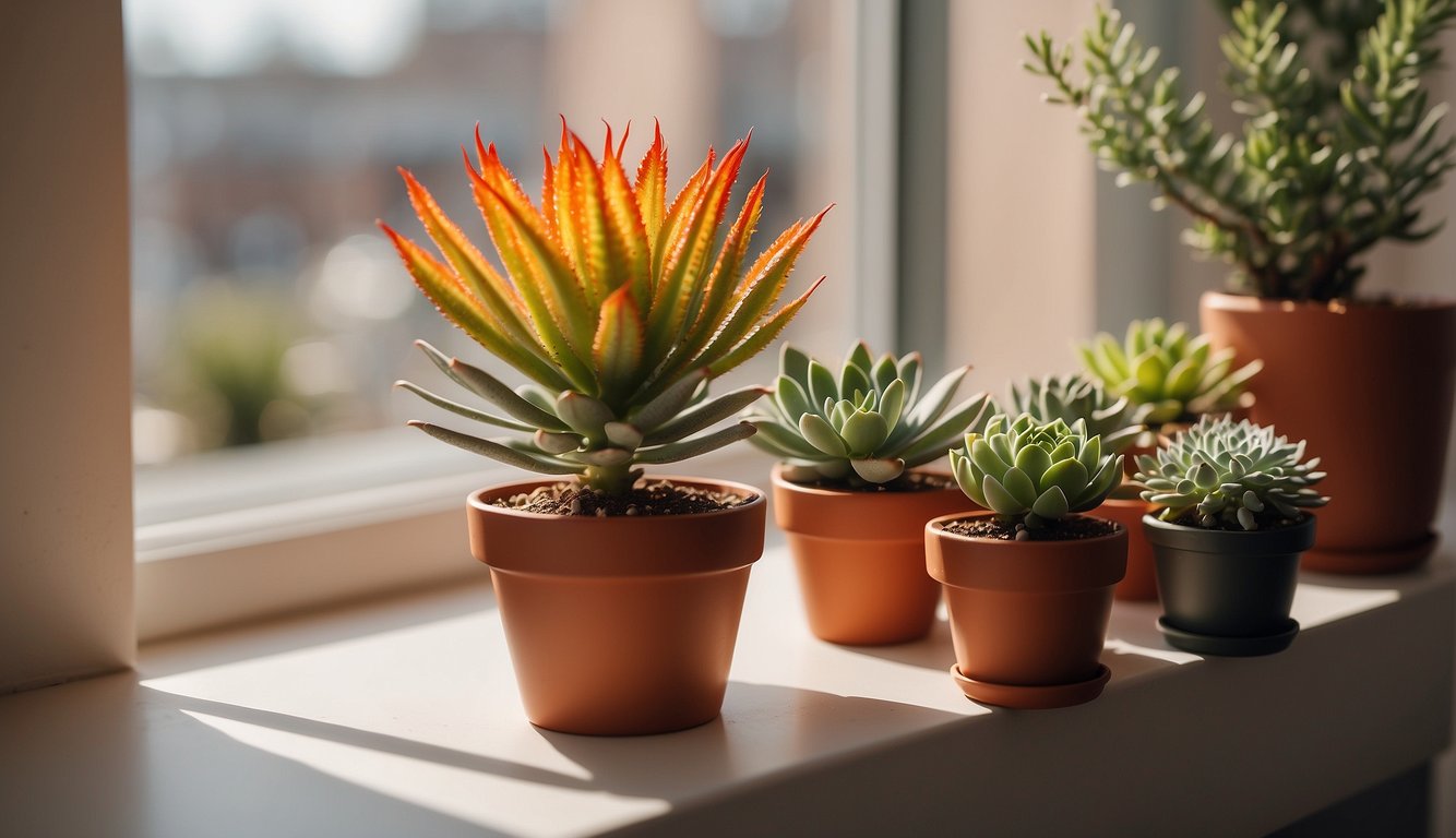 A vibrant Flaming Katy plant sits on a sunny windowsill, surrounded by small pots of succulents.

A beginner's guide book is open nearby