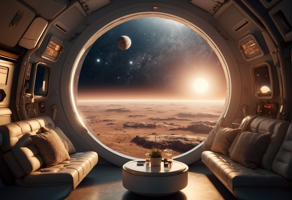 The space habitat is illuminated by artificial lights that mimic the sun's cycle on Mars, transitioning from bright daylight to warm sunset hues