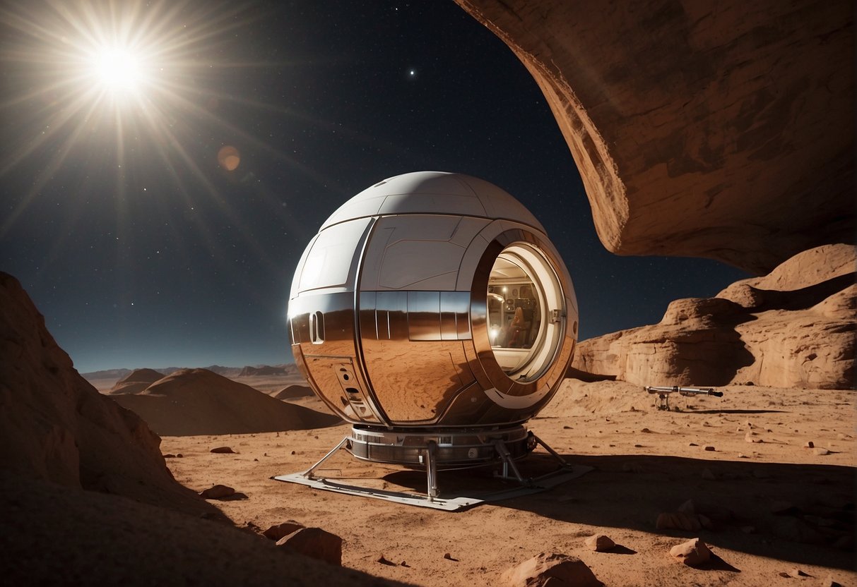 The space habitat lighting system adjusts to mimic the sun's cycle on Mars, transitioning from bright daylight to warm evening glow