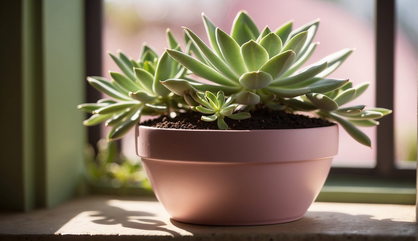 A Graptopetalum Paraguayense plant sits in a sunny window, surrounded by well-draining soil and occasional watering.

Bright green rosettes with pink edges thrive in a decorative pot