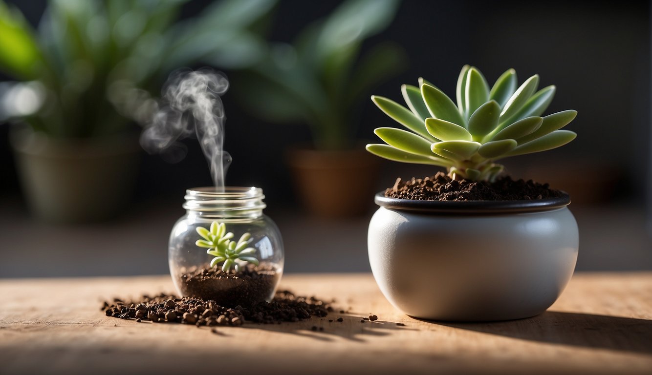 A small pot filled with well-draining soil, a healthy Graptopetalum Paraguayense plant, a spray bottle for misting, and a bright, indirect light source