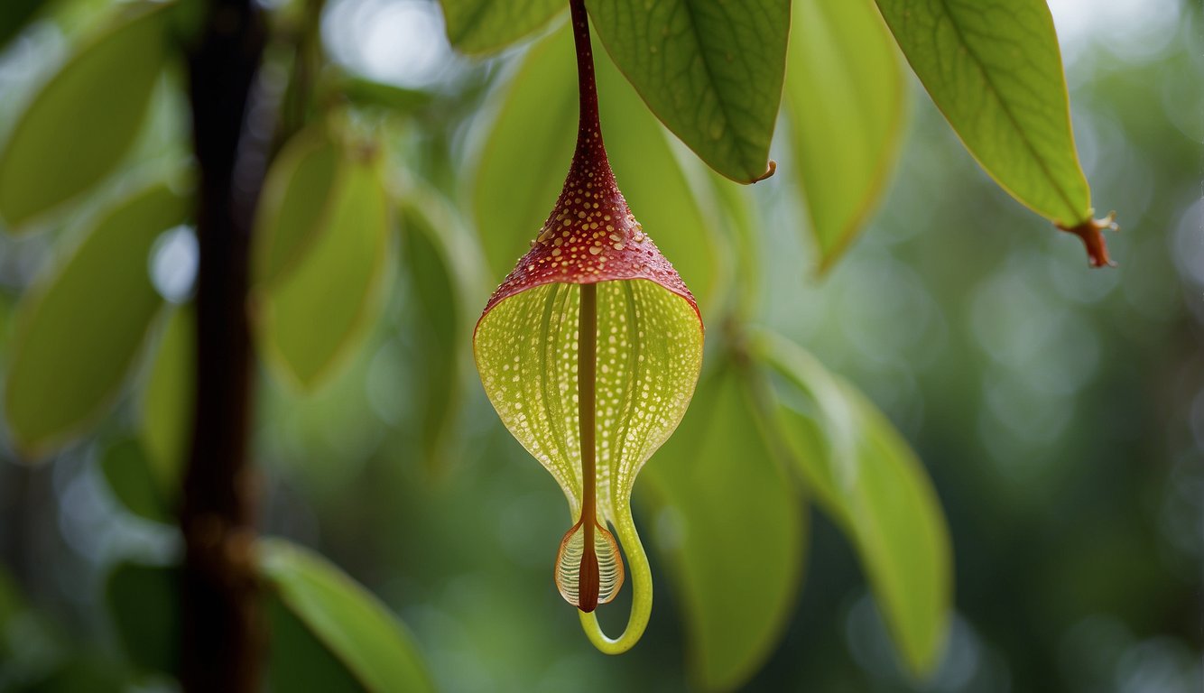 A pitcher plant dangles from a lush, tropical tree.

Its vibrant green leaves form elegant pitchers, ready to trap unsuspecting insects. Dew glistens on the plant's surface, adding to its allure