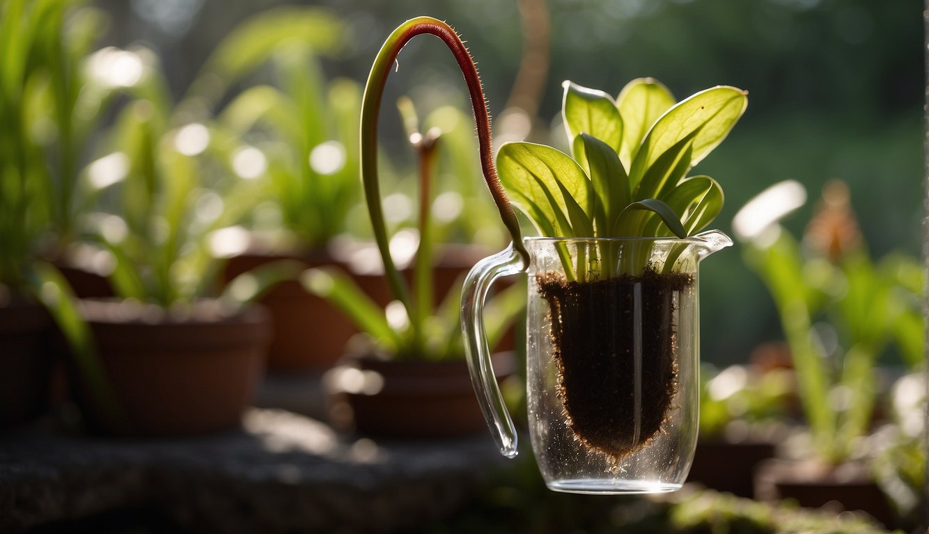 A pitcher plant rests in a hanging pot, surrounded by moist soil and partial sunlight.

A small pool of water collects in its pitcher, attracting insects