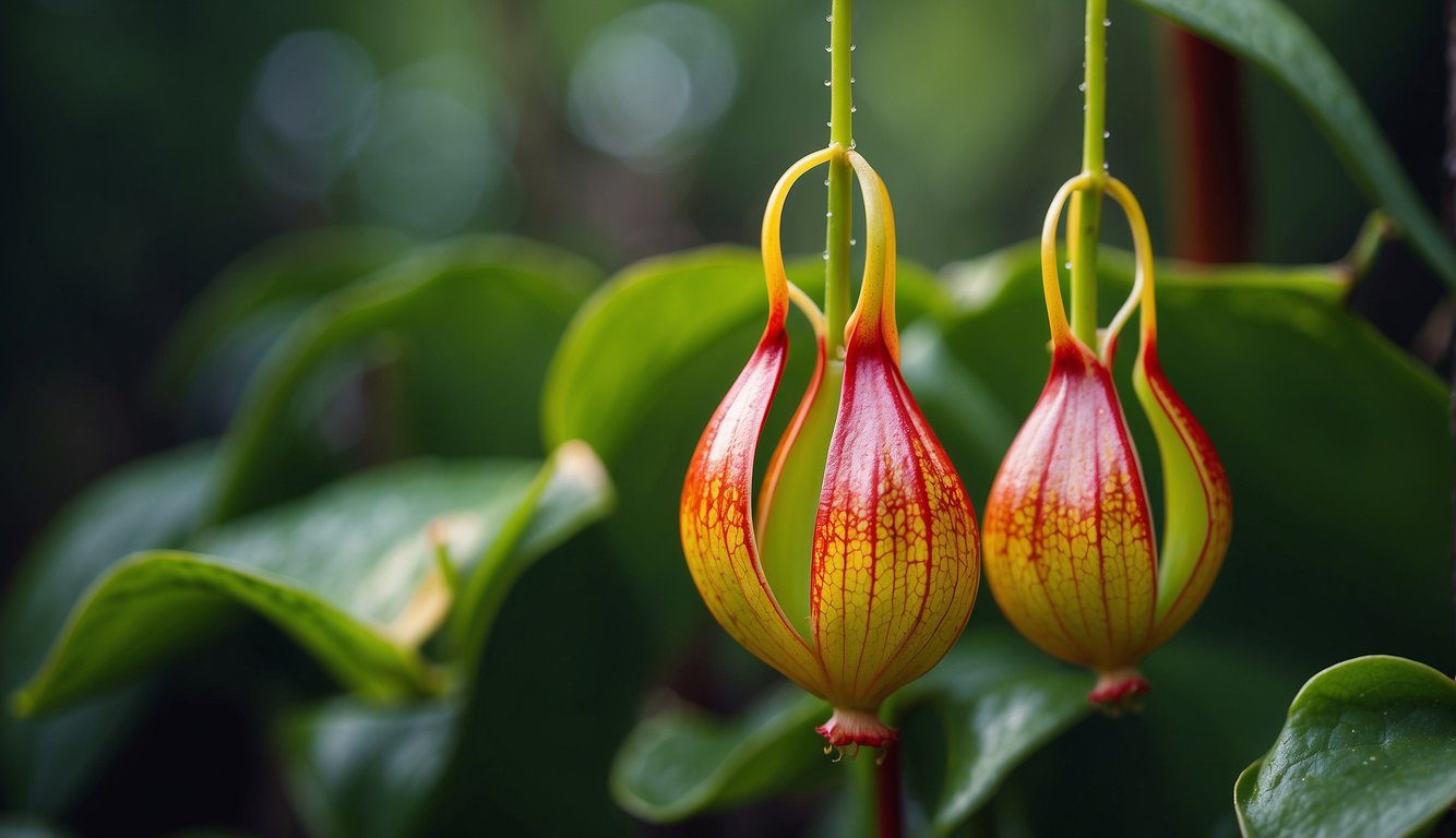A pitcher plant dangles its vibrant pitcher-shaped leaves, ready to trap unsuspecting insects.

The plant's unique adaptation for carnivorous feeding is on display, with its specialized structure and vivid colors