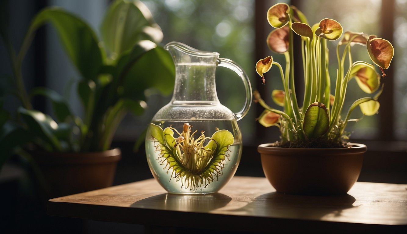 A pitcher plant is placed in a well-lit area, with a tray of distilled water below.

Dead insects are visible inside the plant's pitcher