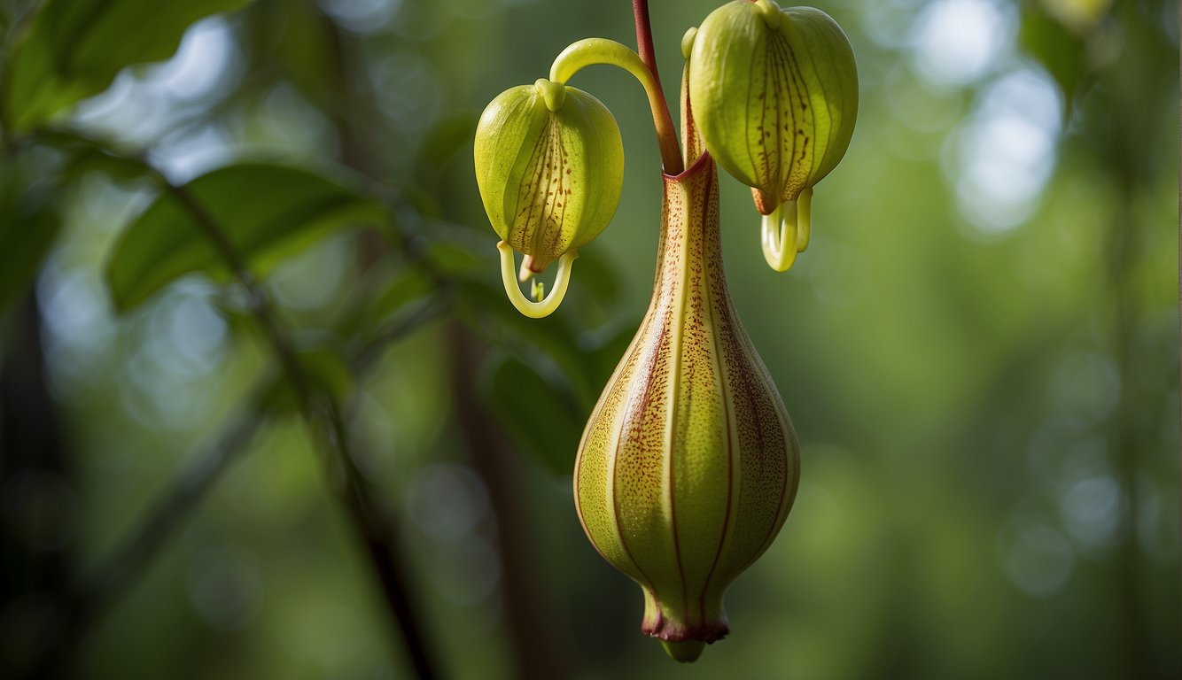 A pitcher plant hangs from a tree, its vibrant green leaves forming graceful pitchers.

Insects are drawn to the sweet nectar, unaware of their impending demise