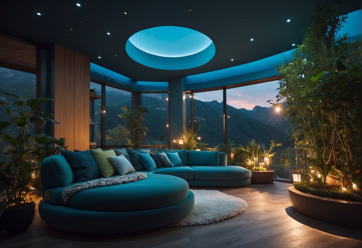 Color in Space Habitats - A cozy space habitat with warm, earthy tones and soft lighting to promote relaxation and comfort. Various shades of blue and green accents to evoke a sense of tranquility and connection to nature