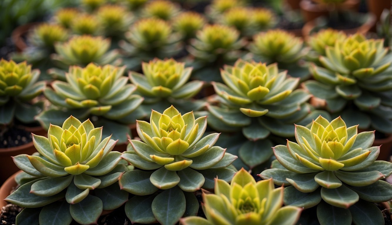 A vibrant Aeonium 'Kiwi' garden, with colorful rosettes basking in the sun.

Surrounding plants complement the striking foliage, creating a visually stunning display