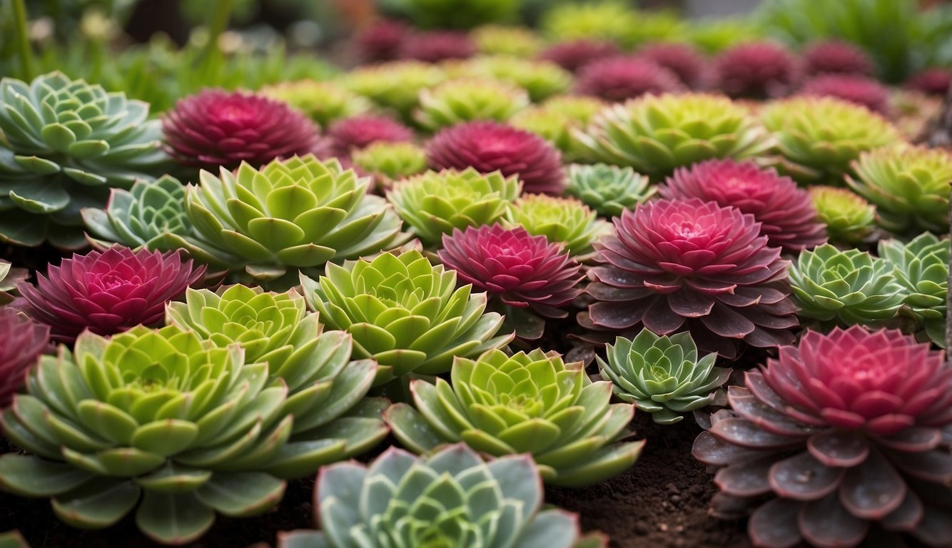 A vibrant Aeonium 'Kiwi' garden, featuring various propagation techniques.

Lush green and pink rosettes spread across the scene, with small offsets and cuttings being carefully tended to by a gardener