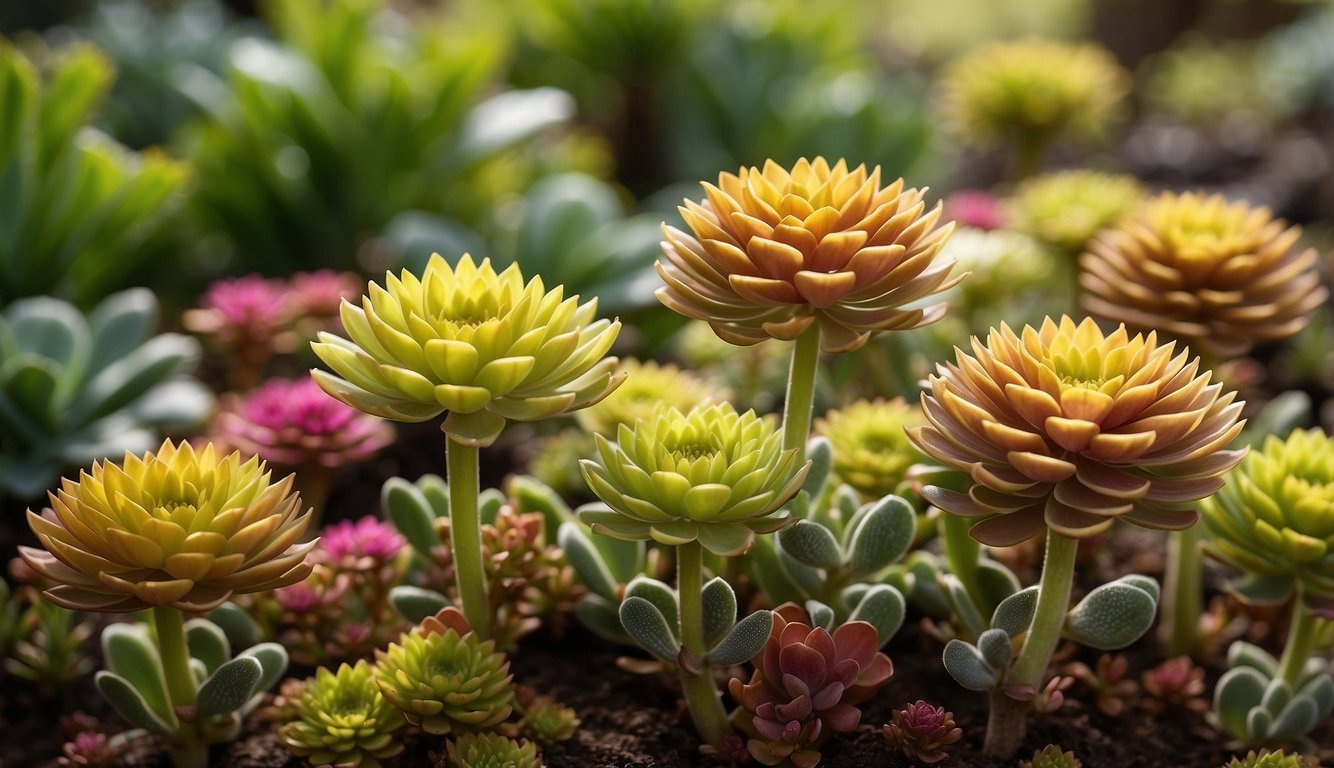 A vibrant garden of colorful Aeonium 'Kiwi' plants, thriving in a well-maintained environment, with clear care instructions displayed