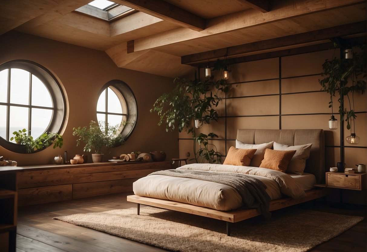 A cozy space habitat with warm, earthy tones and soft, textured materials to promote a sense of comfort and calm