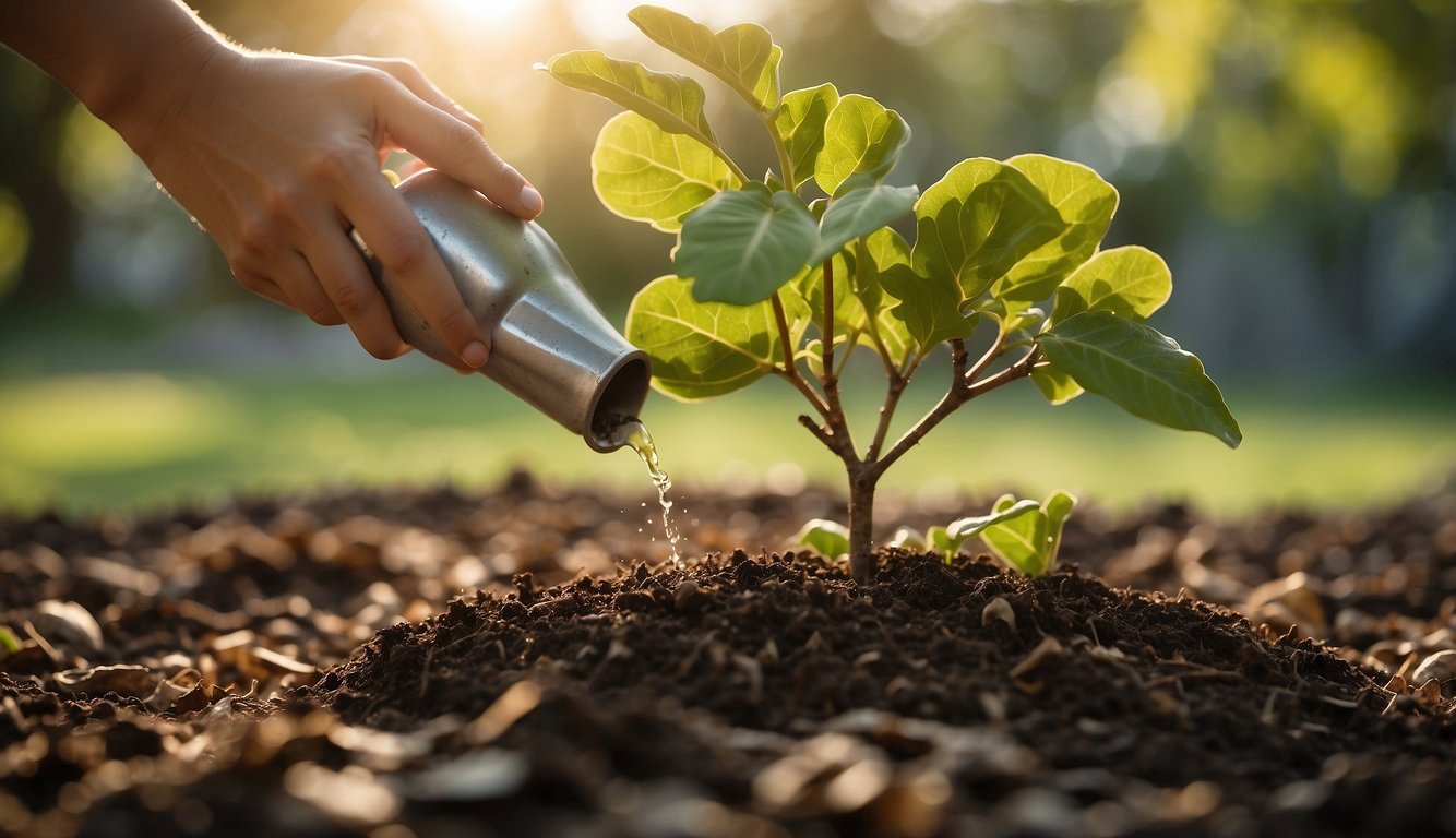 A hand planting a Turkish fig tree in fertile soil, surrounded by mulch.

A watering can nearby. Sunlight filtering through the leaves