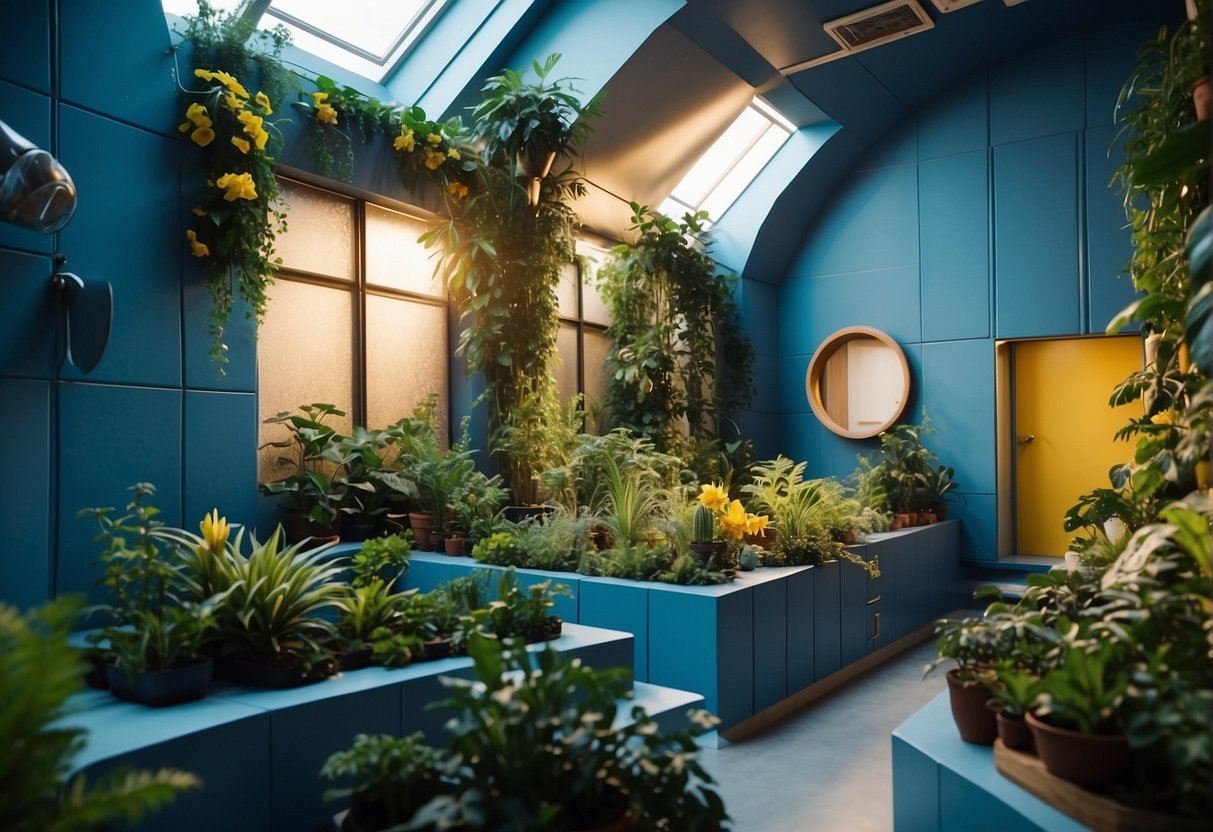 A space habitat with calming blue walls, vibrant green plants, and warm yellow accents to promote a positive and uplifting mood