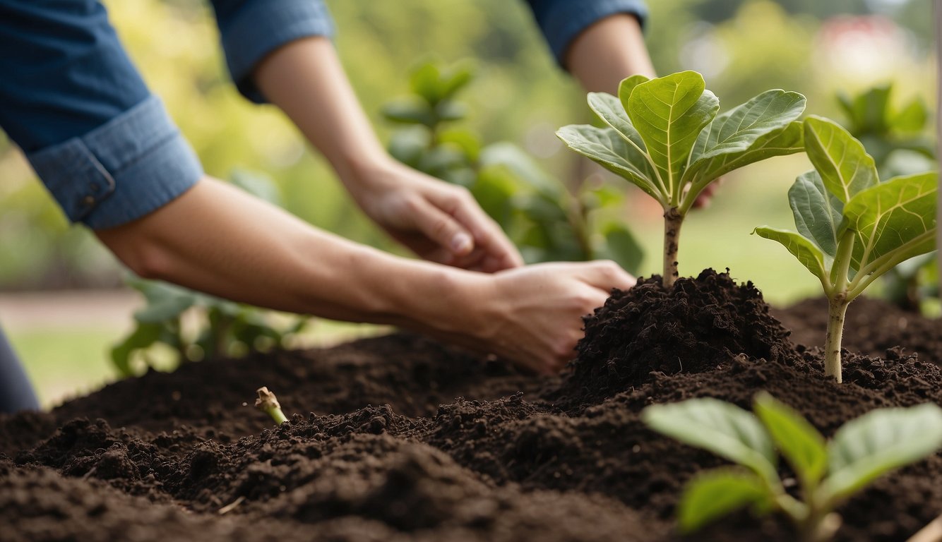 A Turkish fig tree is being planted in a sunny garden.

The soil is rich and well-draining, and the tree is being carefully watered and mulched. A gardener is adding organic fertilizer to promote healthy growth